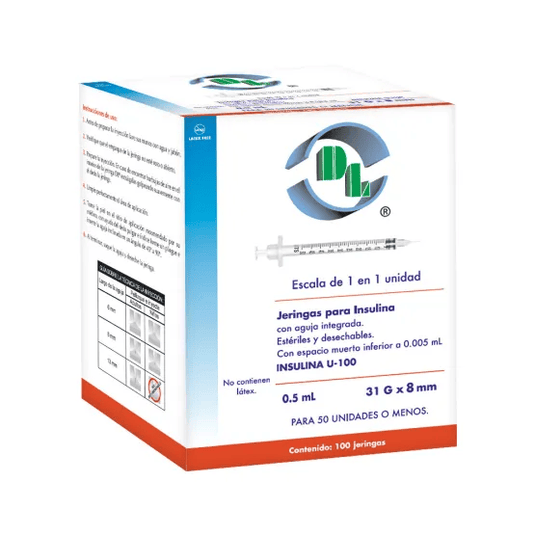Caja con 100 jeringas estériles de 0.5 ml con aguja 31G x 8mm