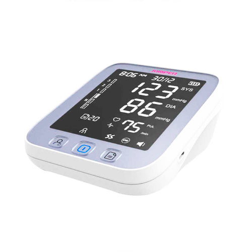 Monitor de presión arterial digital para brazo marca Jumper (Modelo JPD-HA121), con pantalla LCD grande y memoria para usuarios.