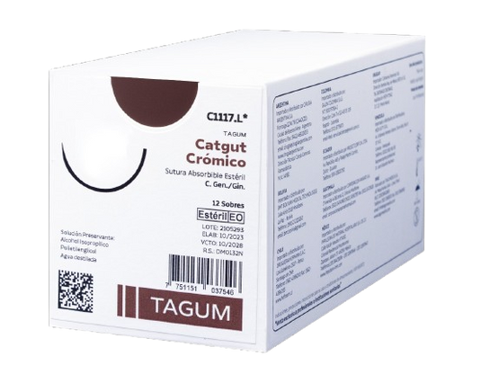 Caja con 12 sobres de sutura absorbible Catgut Crómico, estéril y de origen natural para procedimientos quirúrgicos.