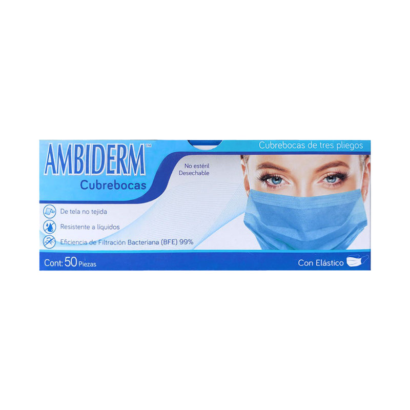 Cargue la imagen en el visor de la galería, Cubrebocas Ambiderm de 3 Pliegues con Elástico Azul Caja con 50 Piezas en color azul
