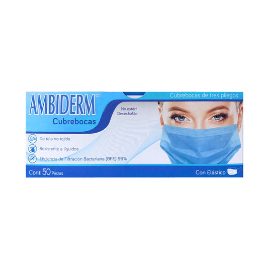 Cubrebocas Ambiderm de 3 Pliegues con Elástico Azul Caja con 50 Piezas en color azul