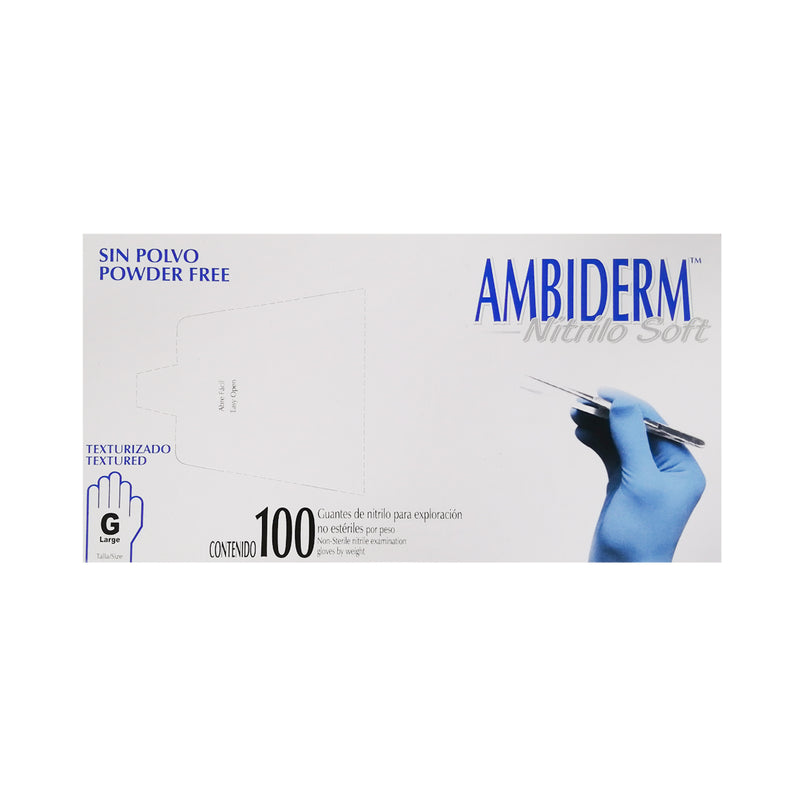 Cargue la imagen en el visor de la galería, Guante Ambiderm Nitrilo Soft Azul No Estéril Libre de Polvo Acabado Texturizado en Yemas Caja Con 100 Piezas
