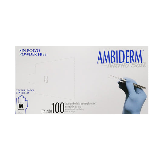 Guante Ambiderm Nitrilo Soft Azul No Estéril Libre de Polvo Acabado Texturizado en Yemas Caja Con 100 Piezas