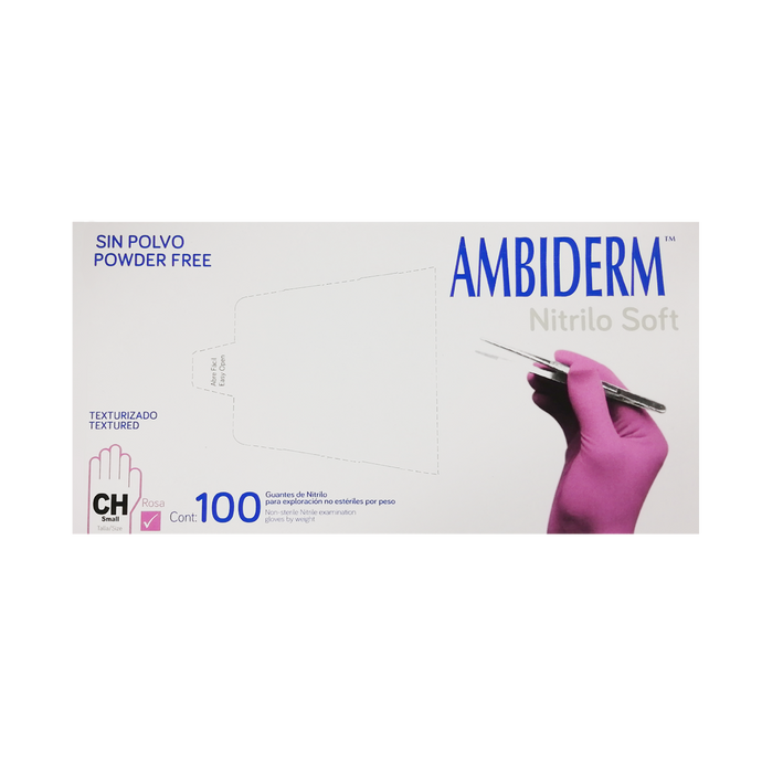 Guante Ambiderm Nitrilo Soft Rosa No Estéril Libre de Polvo Acabado Texturizado en Yemas Caja Con 100 Piezas