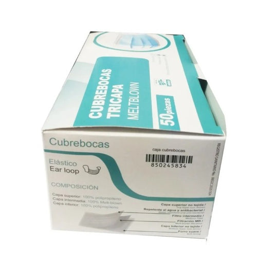 Cubrebocas Tricapa Termosellado Meltblown Caja con 50 Piezas