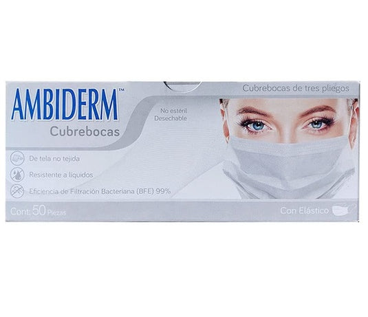 Cubrebocas Ambiderm De 3 Pliegues C/Elástico Blanco Caja C/50 Piezas