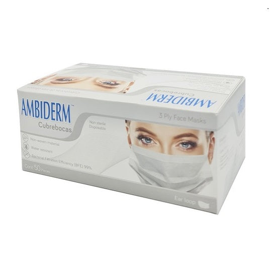 Cubrebocas Ambiderm De 3 Pliegues C/Elástico Blanco Caja C/50 Piezas