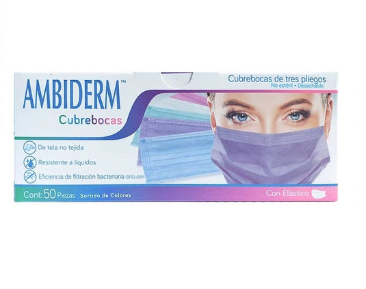 Caja de 50 cubrebocas quirúrgicos Ambiderm de 3 pliegues en varios colores.