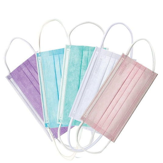 Cubrebocas Ambiderm de 3 pliegues mostrando la variedad de colores disponibles como celeste, rosa, blanco, verde y morado.
