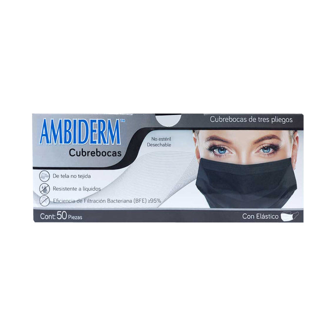 Caja con 50 cubrebocas quirúrgicos Ambiderm de 3 pliegues en color negro.