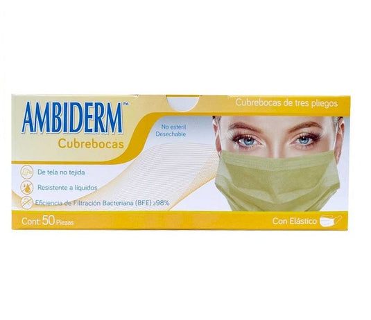 Cubrebocas Ambiderm De 3 Pliegues C/Elástico Amarillo Caja C/50 Piezas