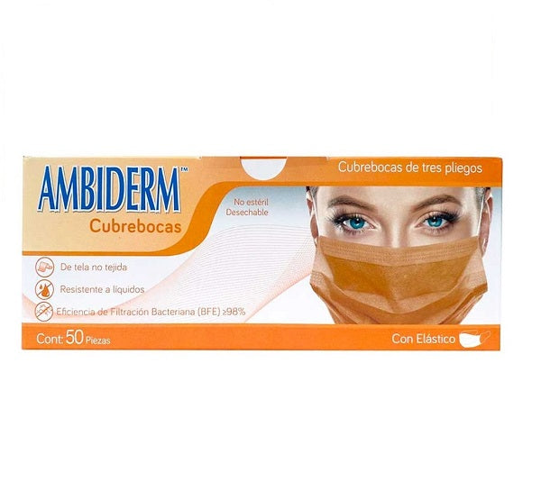 Cubrebocas Ambiderm De 3 Pliegues C/Elástico Naranja Caja C/50 Piezas