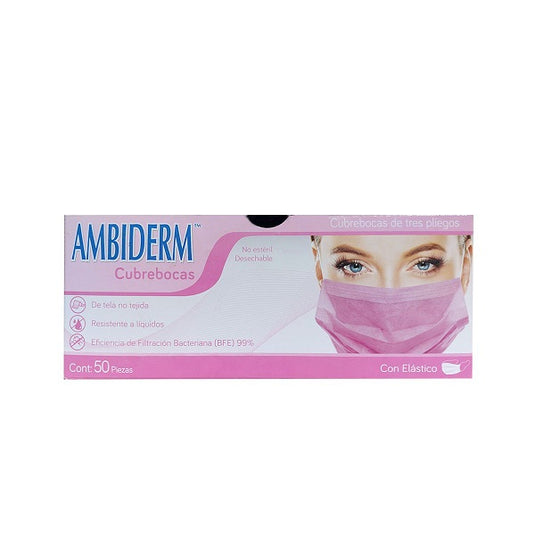 Cubrebocas Ambiderm De 3 Pliegues C/Elástico Rosa Caja C/50 Piezas