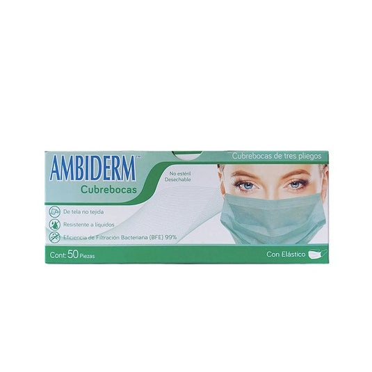 Cubrebocas Ambiderm De 3 Pliegues C/Elástico Verde Caja C/50 Piezas