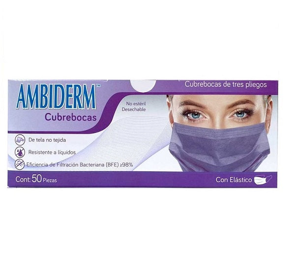 Cubrebocas Ambiderm De 3 Pliegues C/Elástico Morado Caja C/50 Piezas