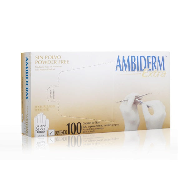 Cargue la imagen en el visor de la galería, Caja con 100 guantes de látex Ambiderm Extra, texturizados y libres de polvo, talla extra chica.
