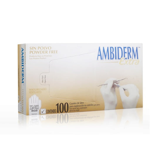 Caja con 100 guantes de látex Ambiderm Extra, texturizados y libres de polvo, talla extra chica.