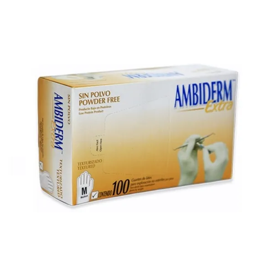 Caja con 100 guantes de látex Ambiderm Extra, texturizados y libres de polvo, talla Mediana.