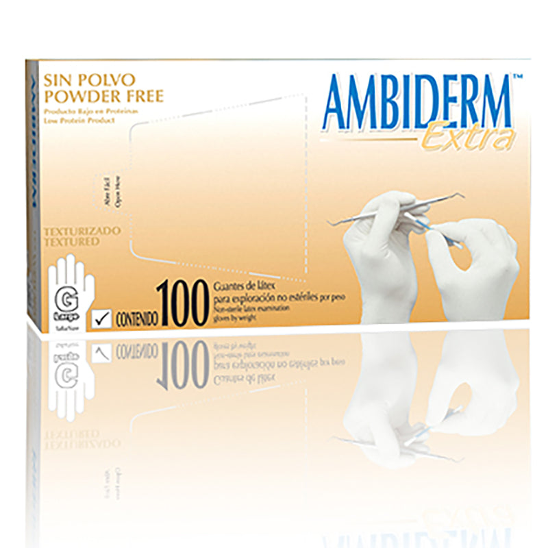 Cargue la imagen en el visor de la galería, Caja con 100 guantes de látex Ambiderm Extra, texturizados y libres de polvo, talla grande.
