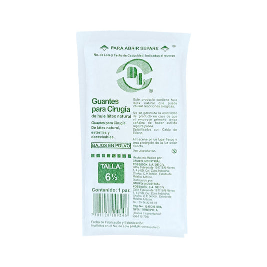 Guante para cirugía de látex estéril DL, anatómico y bajo en polvo, talla 6.5.