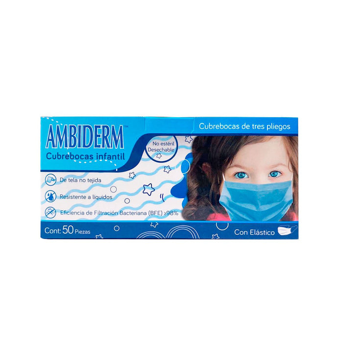 Cubrebocas Ambiderm De 3 Pliegues Infantil C/Elástico Azul con Pandas Caja C/50 Piezas