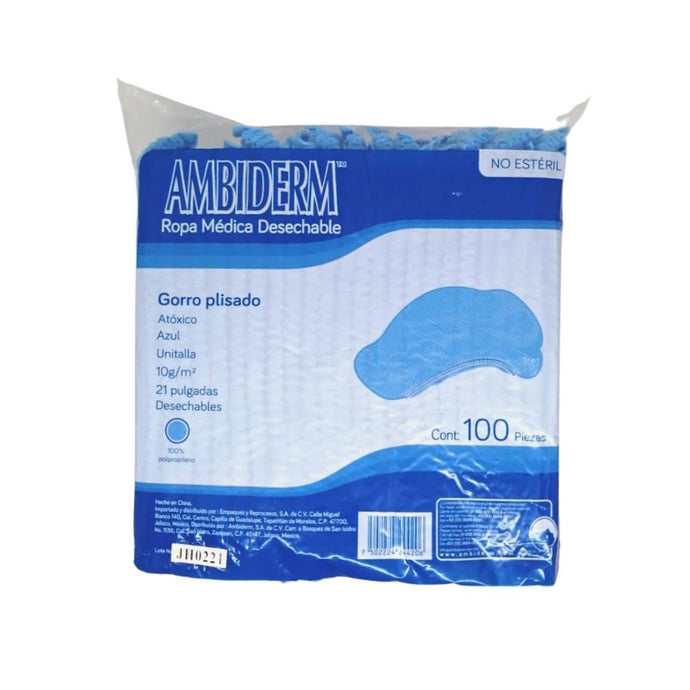 Bolsa con 100 gorros plisados Ambiderm color azul para paciente.