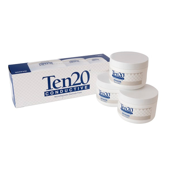 Tres frascos de 8 Oz de pasta conductiva Ten 20 apilados en pirámide junto a su empaque, para uso en estudios de EEG y neuromonitoreo.